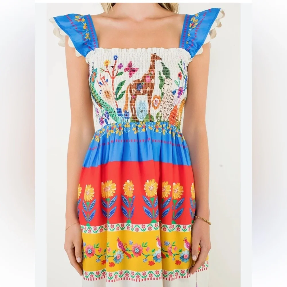 THML Tropical Animal Print Smocked Midi Dress Small Anthropologie NWT - Picture 5 of 16
